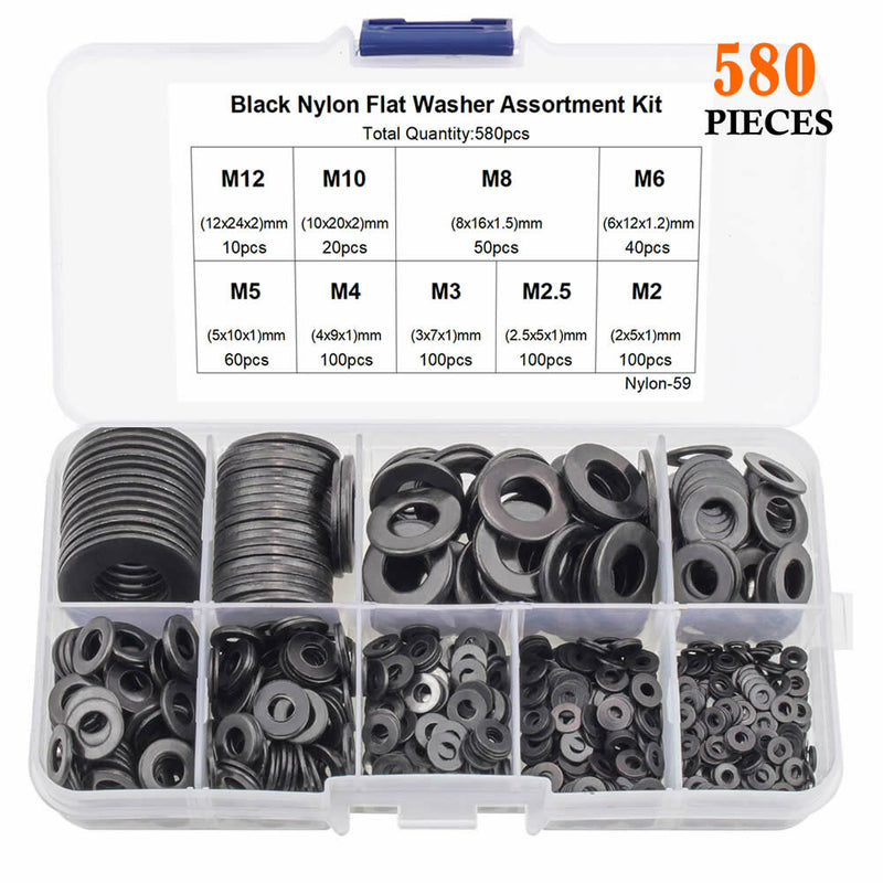 580Pcs Black Nylon Flat Washer Assortment Kit M2 M2.5 M3 M4 M5 M6 M8 M10 M12 Plastic Plain Spacer Insulation Gasket Ring