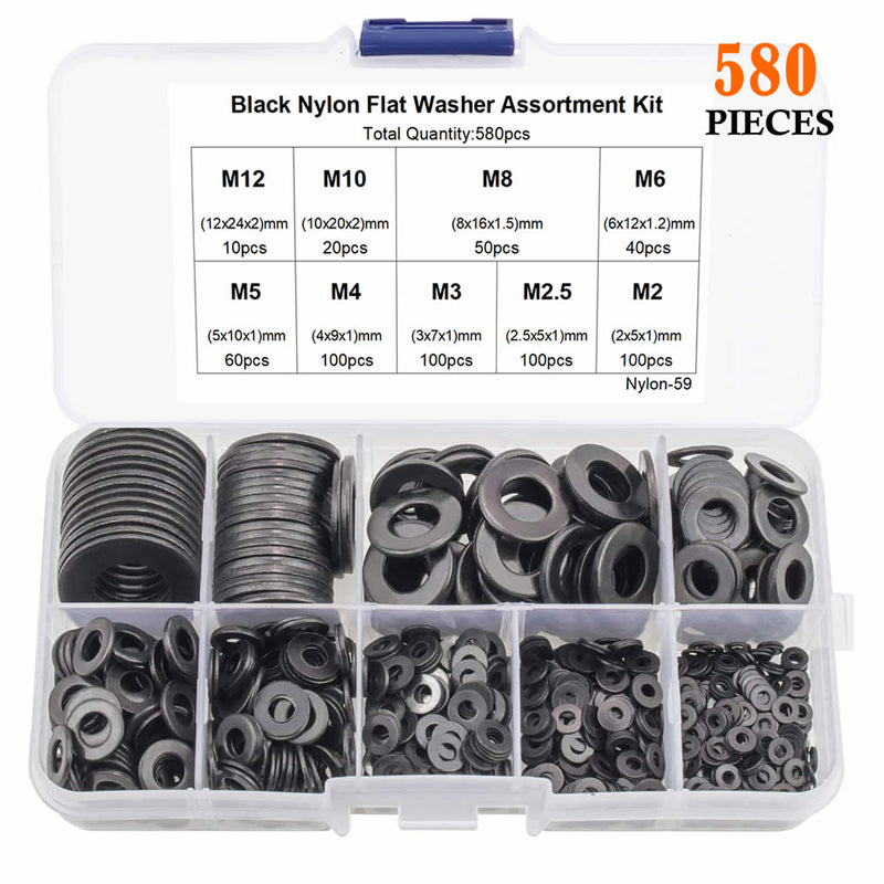 580Pcs Black Nylon Flat Washer Assortment Kit M2 M2.5 M3 M4 M5 M6 M8 M10 M12 Plastic Plain Spacer Insulation Gasket Ring