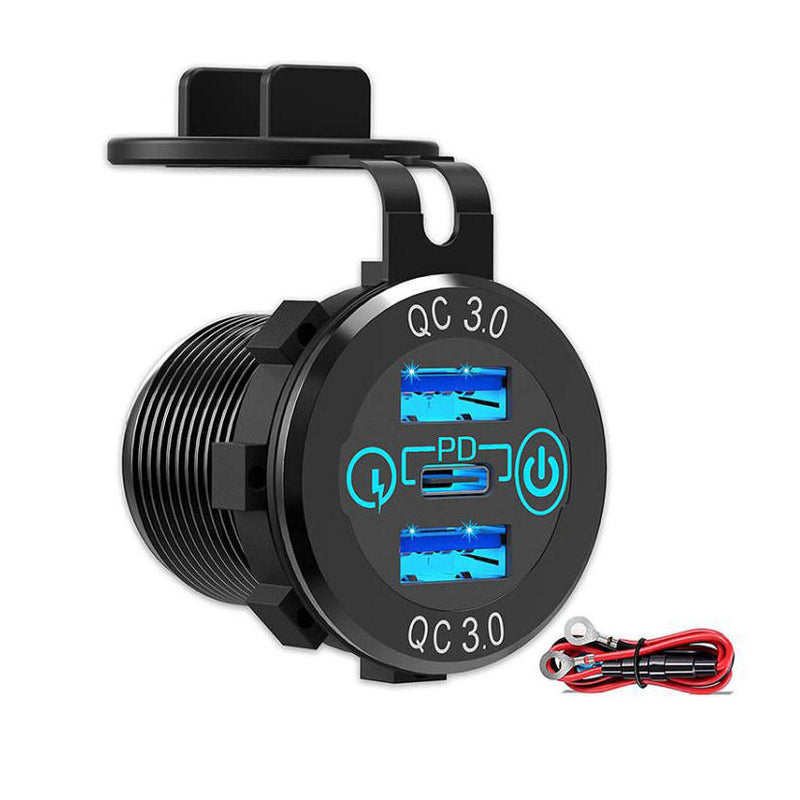 12V-24V 60W Triple USB Car Charger Socket PD3.0 & Dual QC3.0 with Touch Switch Fast Charge Adapter Bus Trailer Boats