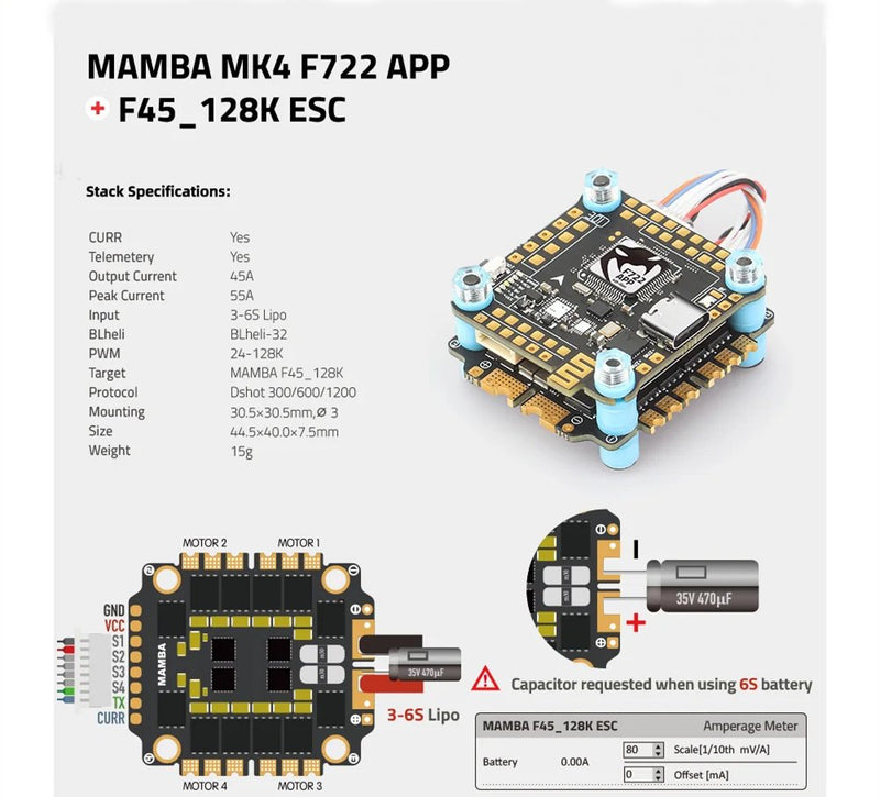 30.5*30.5mm MAMBA Stack MK4 F722 APP 45A 6S 32bit 128K Flytower MPU6000 for FPV Racing RC Drone