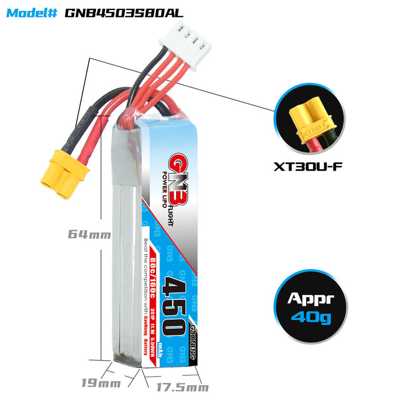 Gaoneng GNB 11.1V 450mAh 80C 3S LiPo Battery XT30 Plug for RC Drone