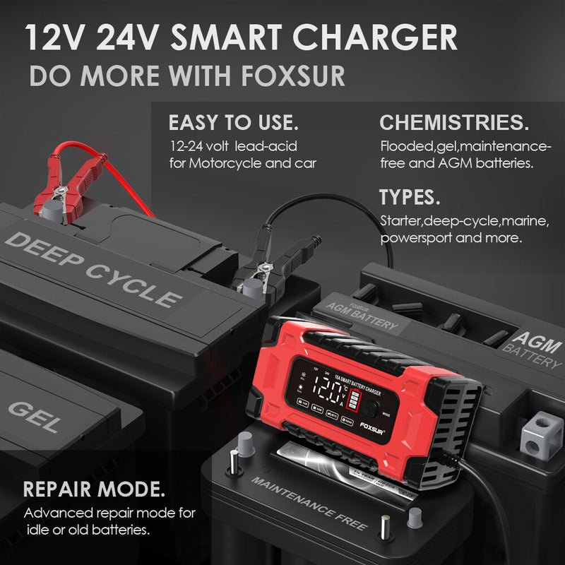 FOXSUR 12V 24V 10A Battery Charger with Intelligent Repair Screen Display for Cars and Motorcycles