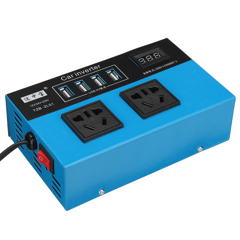 Car Power Inveter DC 12V/24V to AC 220V with 2 AC Outlets 4 USB Fast Charge Small Portable Digital Display