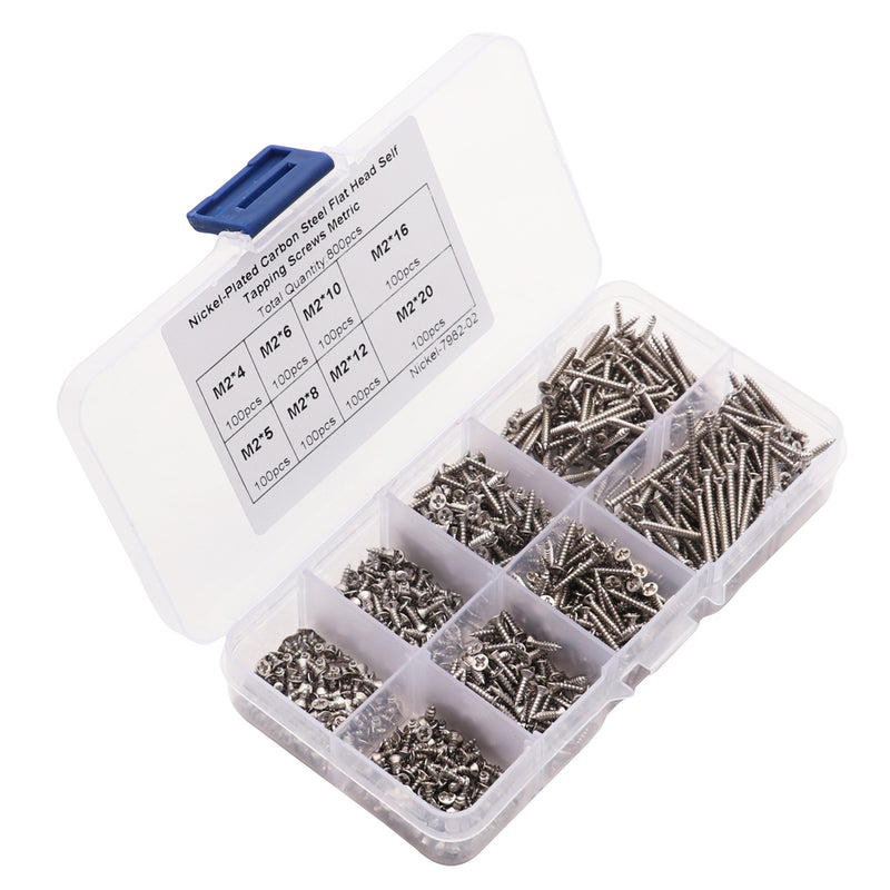 800pcs M2 Screw Assortment Kit M2 Cross Drive Flat Head Self-Tapping Screws Nickel-Plated Carbon Steel Wood Screws Kit with Box