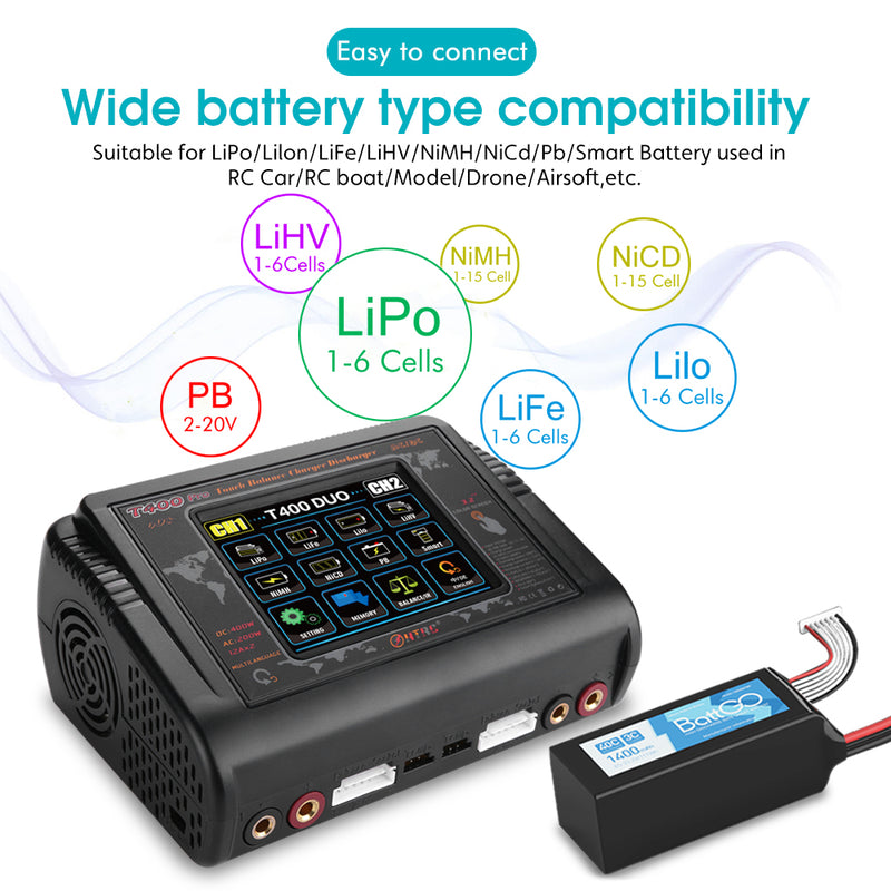 HTRC T400 Pro AC 200W DC 400W 12A*2 Dual Channel Lipo Battery Charger Discharger for LiPo LiHV LiFe Lilon NiCd NiMh Pb Battery