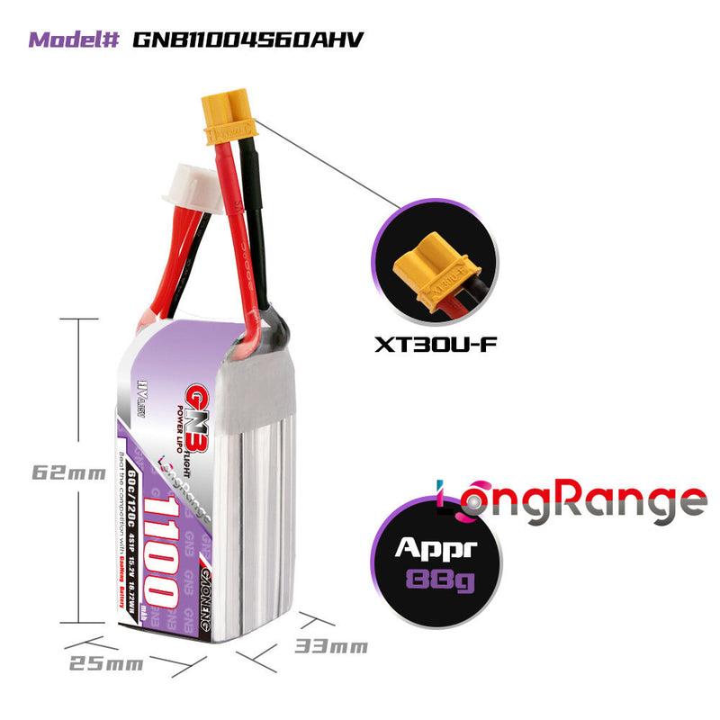 Gaoneng GNB 15.2V 1100mAh 60C 2S HV LiPo Battery XT30 Plug for RC Drone