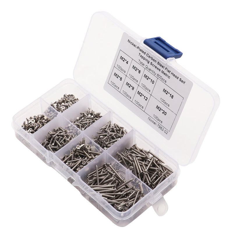 800pcs M2 Screw Assortment Kit M2 Cross Drive Flat Head Self-Tapping Screws Nickel-Plated Carbon Steel Wood Screws Kit with Box