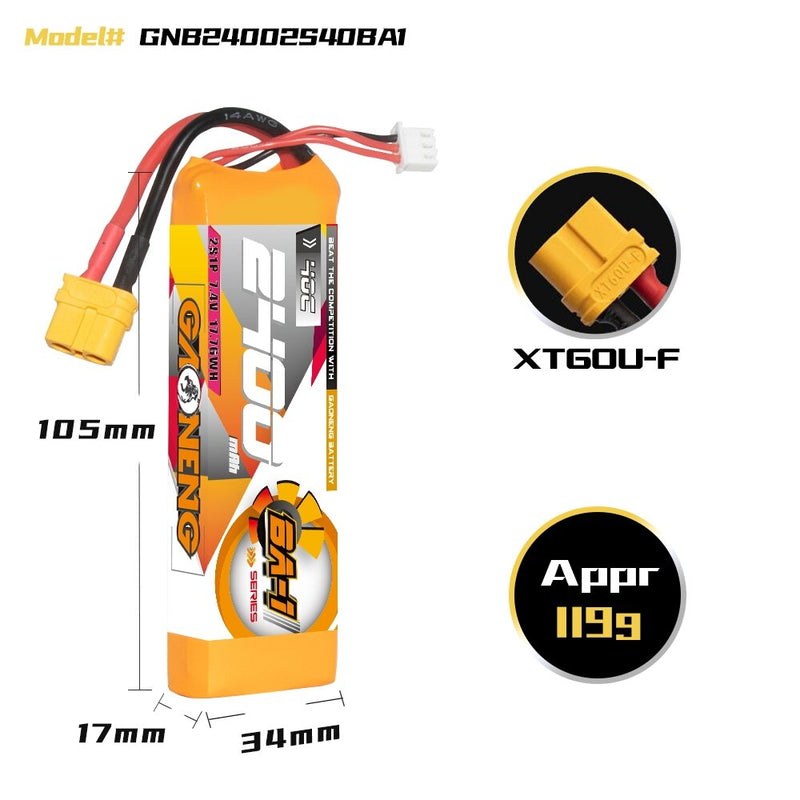 Gaoneng GNB 7.4V 2400mAh 40C 2S LiPo Battery T Plug / XT60 Plug for 1/12 1/14 1/16 RC Car Volantexrc RC Boat Aerial Photography Model