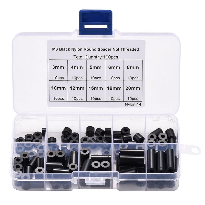 100pcs M3 Black Nylon Round ABS Metric Spacer Insulation Plastic Standoff Not Threaded for Screw Assortment Kit Set