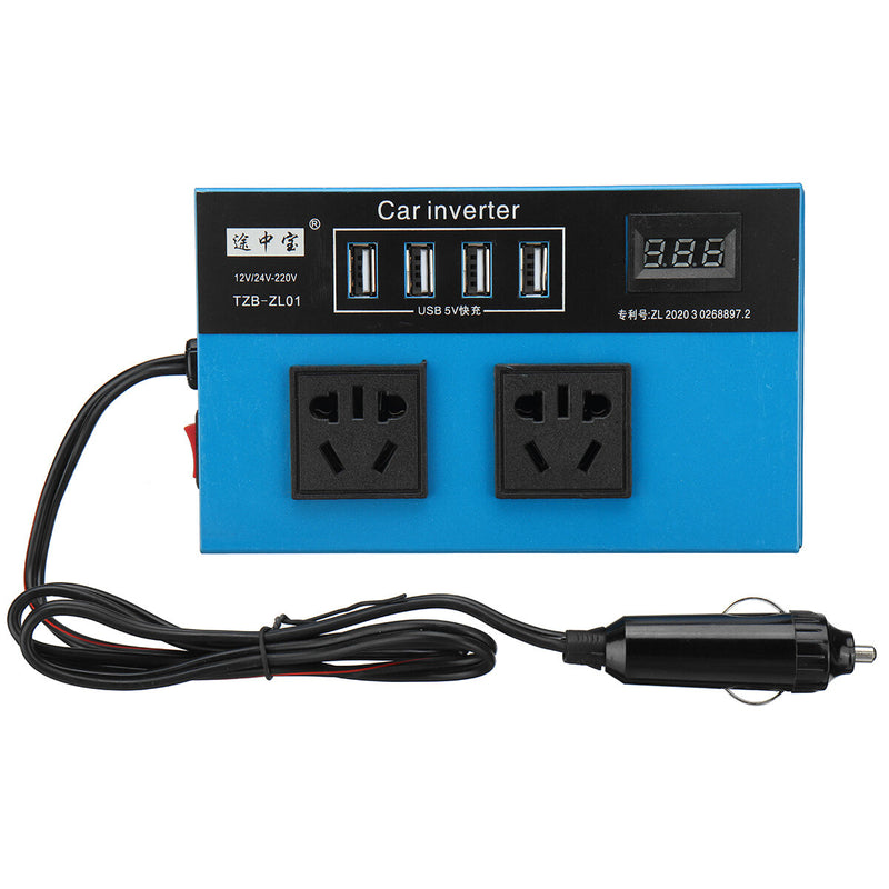 Car Power Inveter DC 12V/24V to AC 220V with 2 AC Outlets 4 USB Fast Charge Small Portable Digital Display