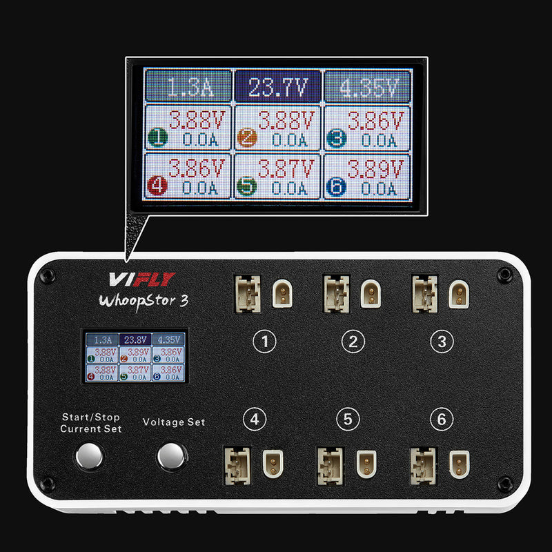 VIFLY WhoopStor 3 40W 1.3A*6 6 Ports DC 1S Lipo Battery Charger Discharger with Storage Function LED Screen Support 4.2V 4.35V LIHV BT2.0 PH2.0 Plug