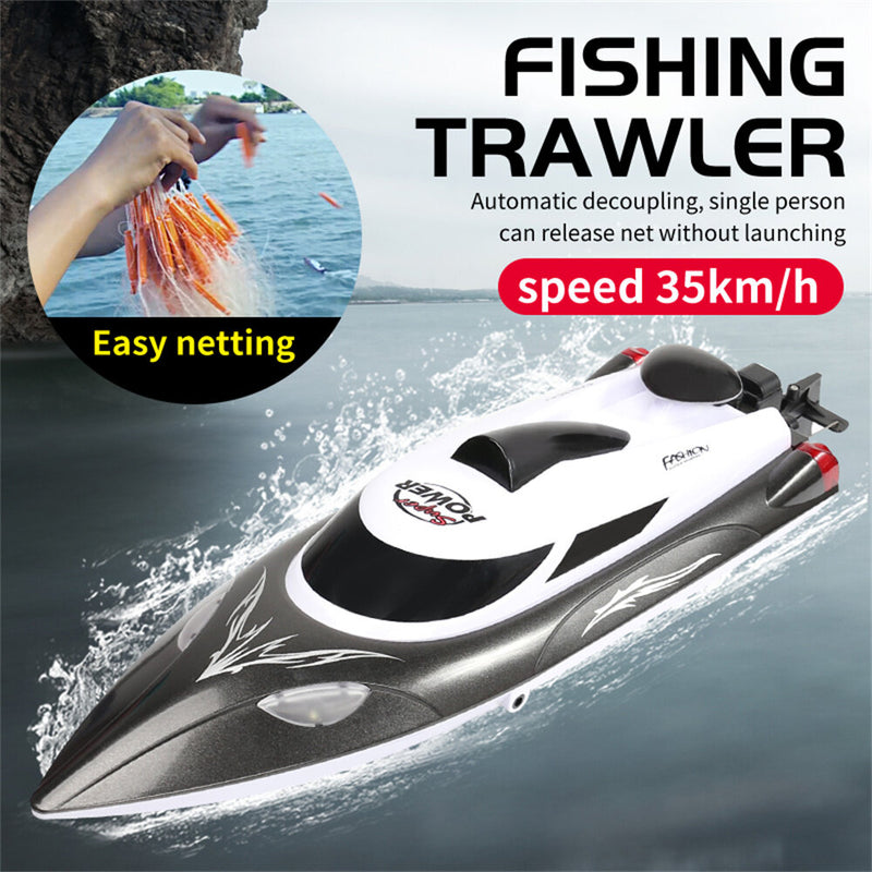 HXJRC HJ809 2.4G 4CH RC Boat Fishing Trawler Netting High Speed LED Light Speedboat Capsizing Reset Waterproof 35km/h Electric Racing Vehicles Models Lakes Pools Remote Control Toys