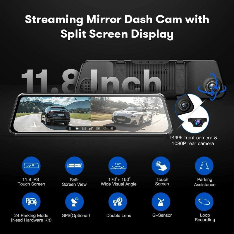 AZDOME PG17 11.8inch Car Mirror DVR GPS 2K Dual Cameras Touch Screen RearView Stream Media Video Recorder Night Vision Dash Cam