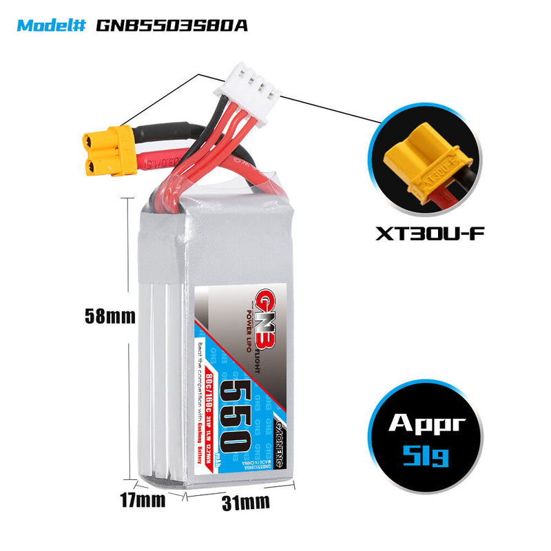 Gaoneng GNB 11.1V 550mAh 80/160C 3S LiPo Battery XT30 Plug for RC Drone