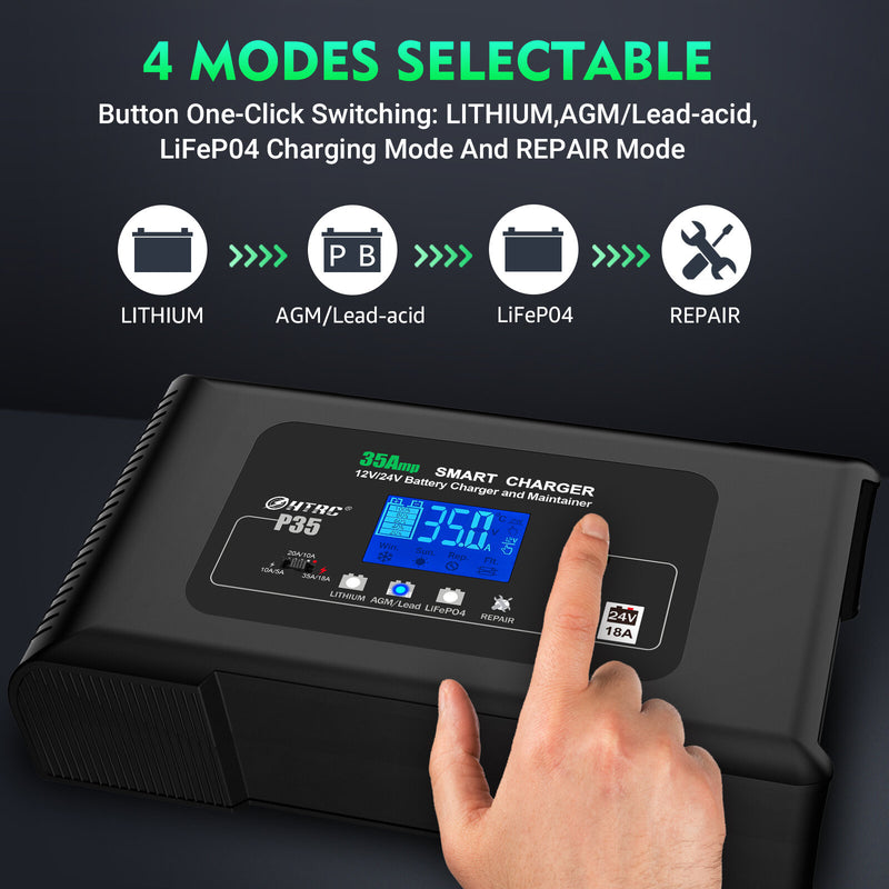 HTRC Large Power 35A 12V 24V Car Battery Charger for Moto Truck Motorcycle AGM Lead Acid PB GEL LCD Display Smart Charging