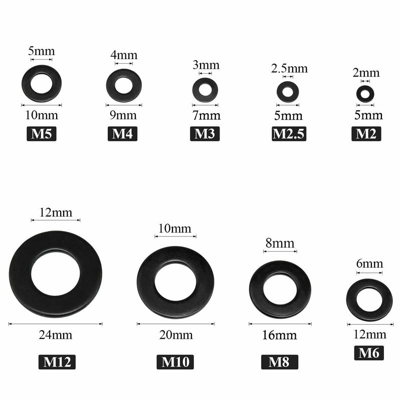 580Pcs Black Nylon Flat Washer Assortment Kit M2 M2.5 M3 M4 M5 M6 M8 M10 M12 Plastic Plain Spacer Insulation Gasket Ring