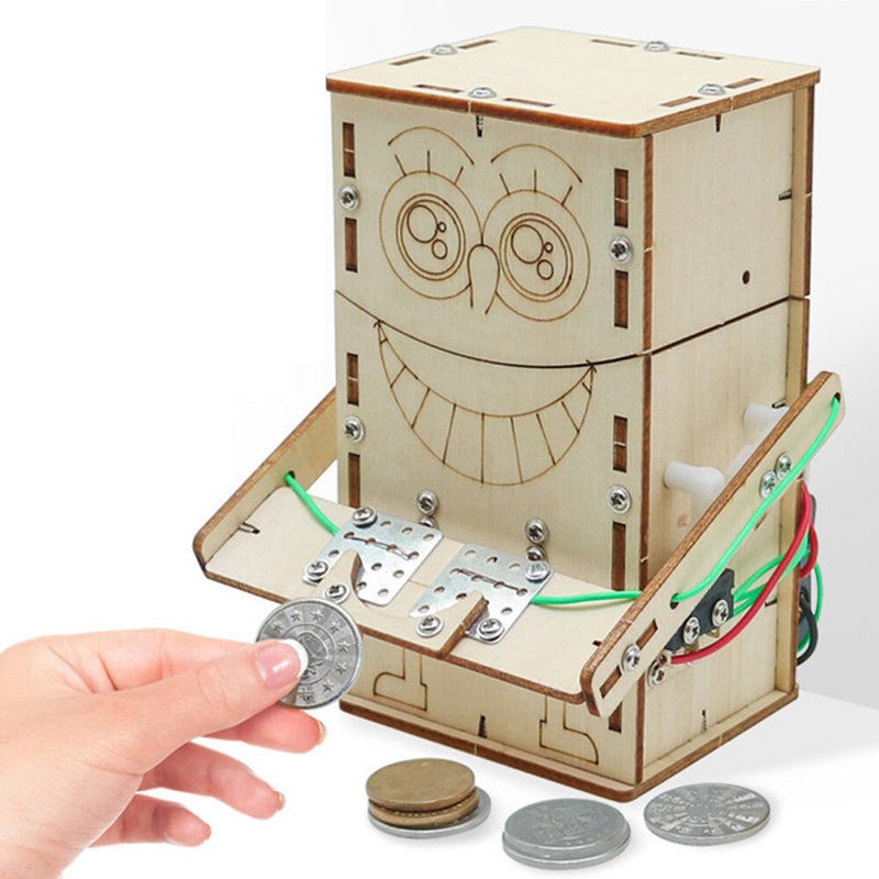 Wooden Electric Powered Coin-Eating Robot Manual DIY Puzzle Assembly Technology Small Production Creative Invention Mechanical Science Toy