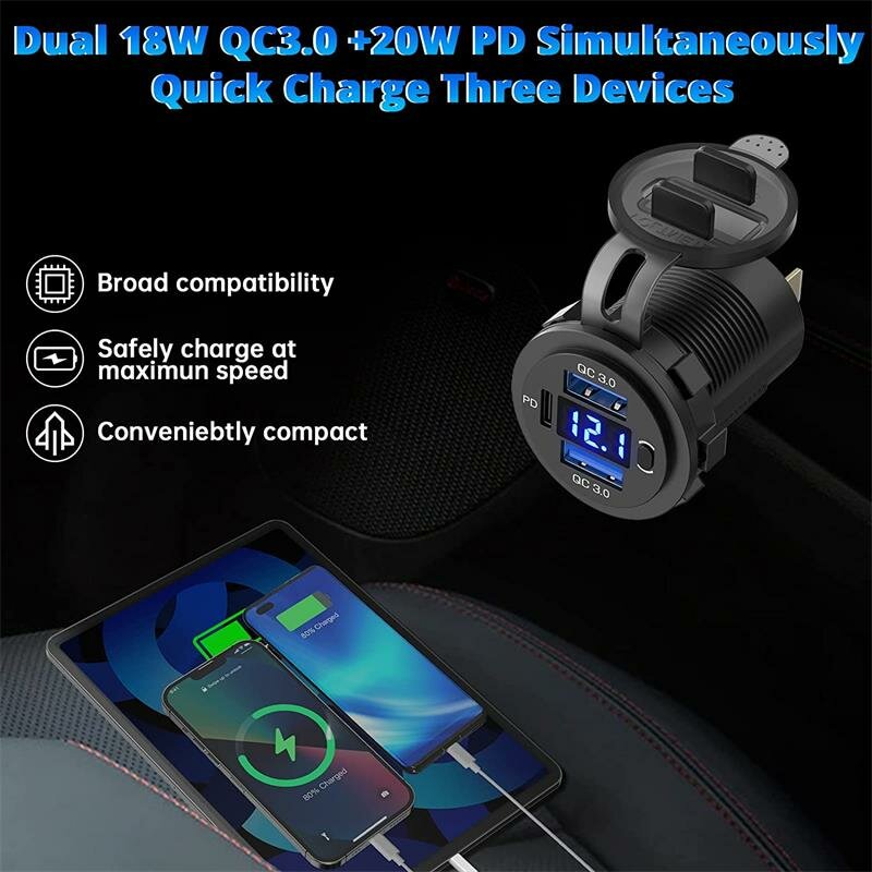 Three Port 12V/24V USB Charger Socket Dual 18W QC 3.0 & 20W PD USB-C For Car Motorcycle With Voltmeter Power Switch