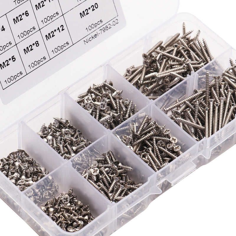 800pcs M2 Screw Assortment Kit M2 Cross Drive Flat Head Self-Tapping Screws Nickel-Plated Carbon Steel Wood Screws Kit with Box