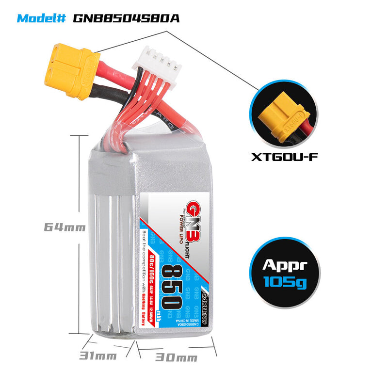 Gaoneng 14.8V 850mAh 80C 4S LiPo Battery XT60 Plug for RC Drone