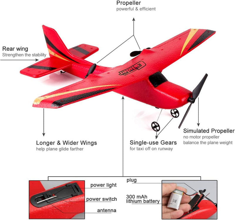 HAWK'S WORK 2 CH RC Airplane, RC Plane Ready to Fly, 2.4GHz Remote Control Airplane, Easy to Fly RC Glider for Kids & Beginners (Red)