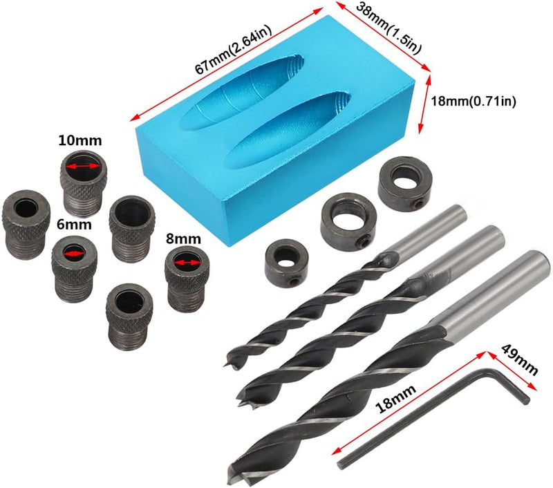 14Pcs Pocket Hole Jig Kit - 15 Degree Woodworking Inclined Hole Jig with 6/8/10mm Drill Bits Dowel Screw Drill Guide Jig - Angle Carpentry Locator Jig Joiner Woodworking Tools,037BL