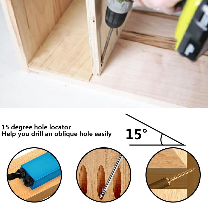 14Pcs Pocket Hole Jig Kit - 15 Degree Woodworking Inclined Hole Jig with 6/8/10mm Drill Bits Dowel Screw Drill Guide Jig - Angle Carpentry Locator Jig Joiner Woodworking Tools,037BL