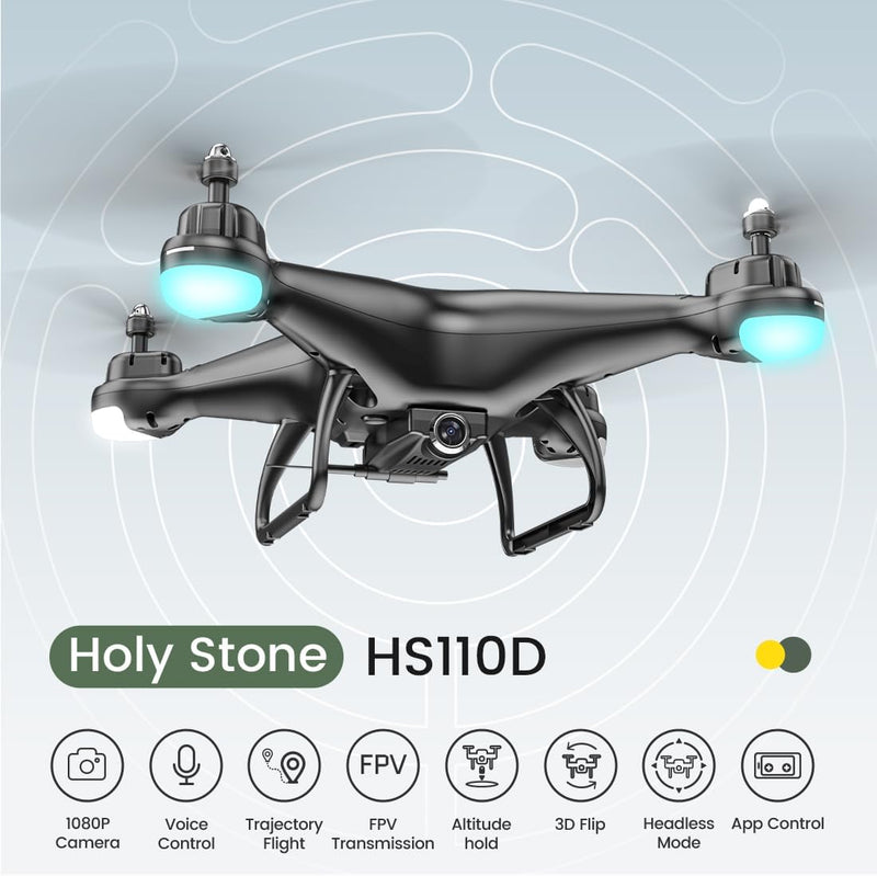 Holy Stone HS110D FPV RC Drone with 1080P HD Camera Live Video 120°Wide-Angle WiFi Quadcopter with Gravity Sensor, Voice & Gesture Control, Altitude Hold, Headless Mode, 3D Flip RTF 2 Batteries