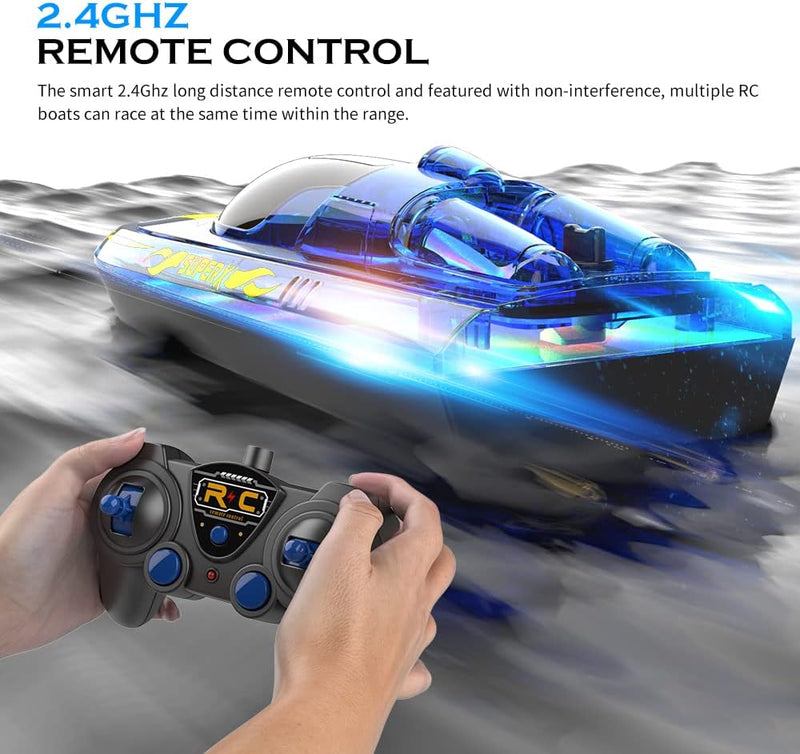 RC Boat with LED Light for Kids and Adults - Remote Control Boat for Pools and Lakes 2.4 GHZ RC Boats with 2 Rechargeable Battery