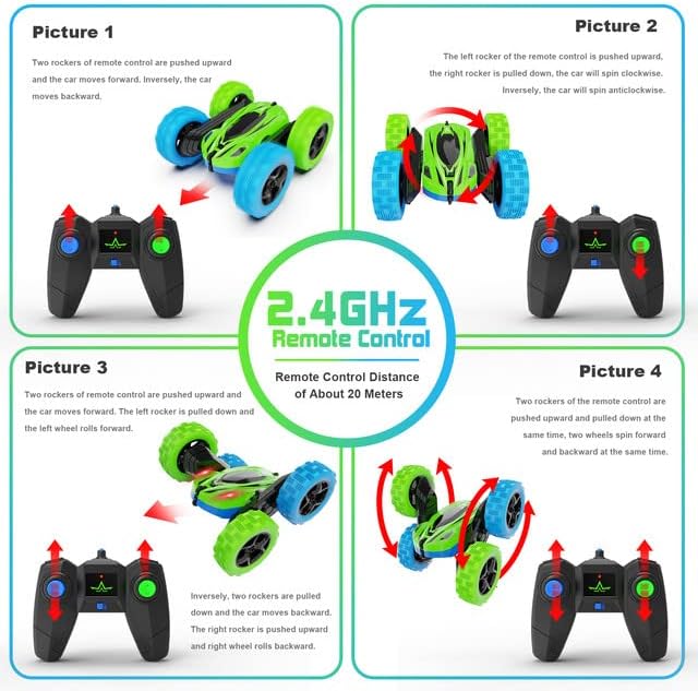 ORRENTE RC/Remote Control Car 2.4Ghz with Double Sided 360 Flips, Rechargeable 4WD Off Road Stunt Toys for Kids 6-12 Year Old Boys Girls Christmas Birthday Gift (Green&Blue)