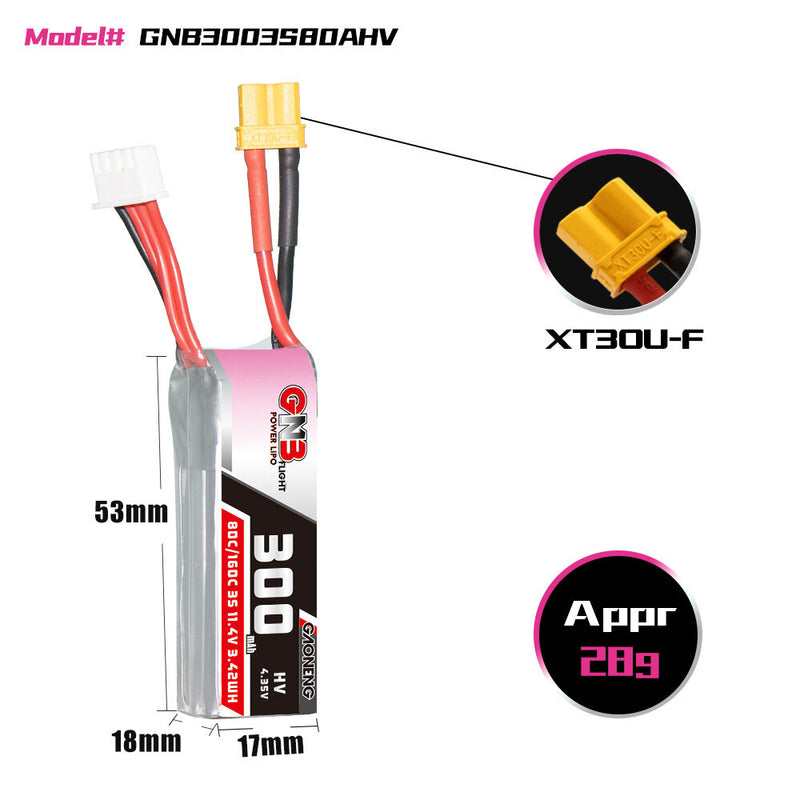 Gaoneng GNB 11.4V 300mAh 80C 3S HV LiPo Battery XT30 Plug for RC Drone