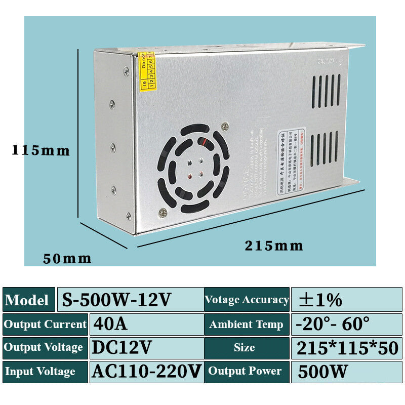 12V 500W Switching Power Supply Source Transformer AC110V-220V To DC12V SMPS For LED Strip Light CCTV Motor