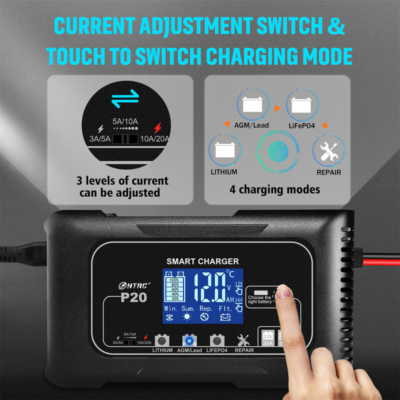 HTRC 20A P20 12V-24V Smart Battery Charger For Car Motorcycle Battery Repair Charging For Auto Moto Lead Acid AGM Lithium LiFePo4 Batteries
