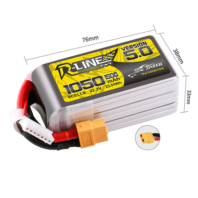 TATTU R-LINE V5.0 22.2V 1050mAh 150C 6S1P LiPo Battery XT60 Plug for RC Drone