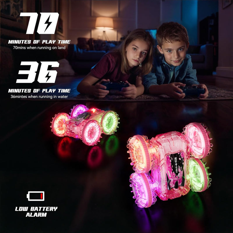 Amphibious Remote Control Car for Water or Land Play, RC Car for Kids Girls with LED Lights 4WD Stunt Car Pink Pool Toys with 70/36Minutes Play 2Batteries,360°Rotation,180°Flip,2.4GHz Remote
