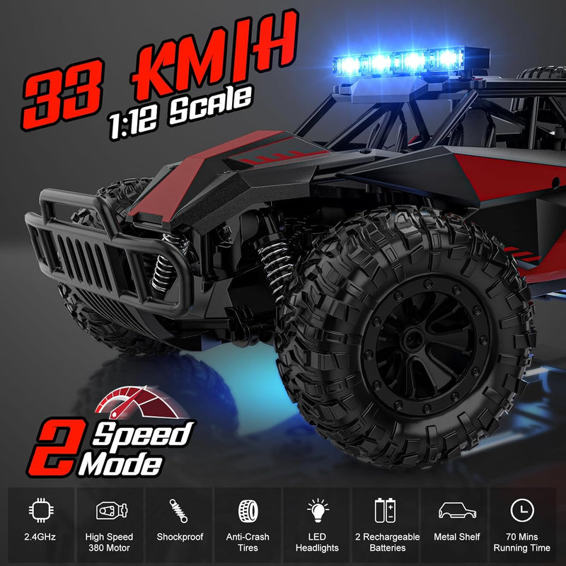 BLUEJAY Remote Control Car - 2.4GHz High Speed 33KM/H RC Cars Toys, 1:12 Monster RC Truck Off Road with LED Headlight and Rechargeable Battery Gifts for Adults Boys 8-12