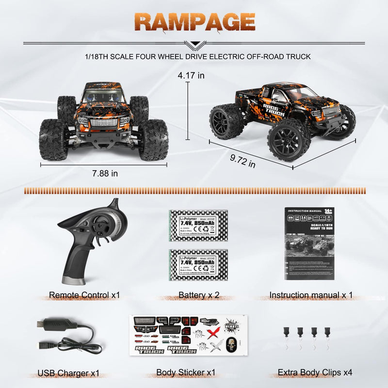 HAIBOXING 1:18 Scale RC Monster Truck 18859E 36km/h Speed 4X4 Off Road Remote Control Truck,Waterproof Electric Powered RC Cars All Terrain Toys Vehicles with 2 Batteries,Xmas Gifts for kid and Adults