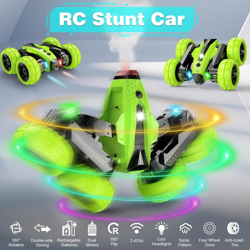 SUPIREO Remote Control Car, RC Stunt Car, 2.4Ghz Double Sided 360° Rotating Remote Control Truck with Headlights, 4 Wheel Drive, Cool Spray Patterns Music for Boys Girls Age 6 7 8 9 10 11 Year Old