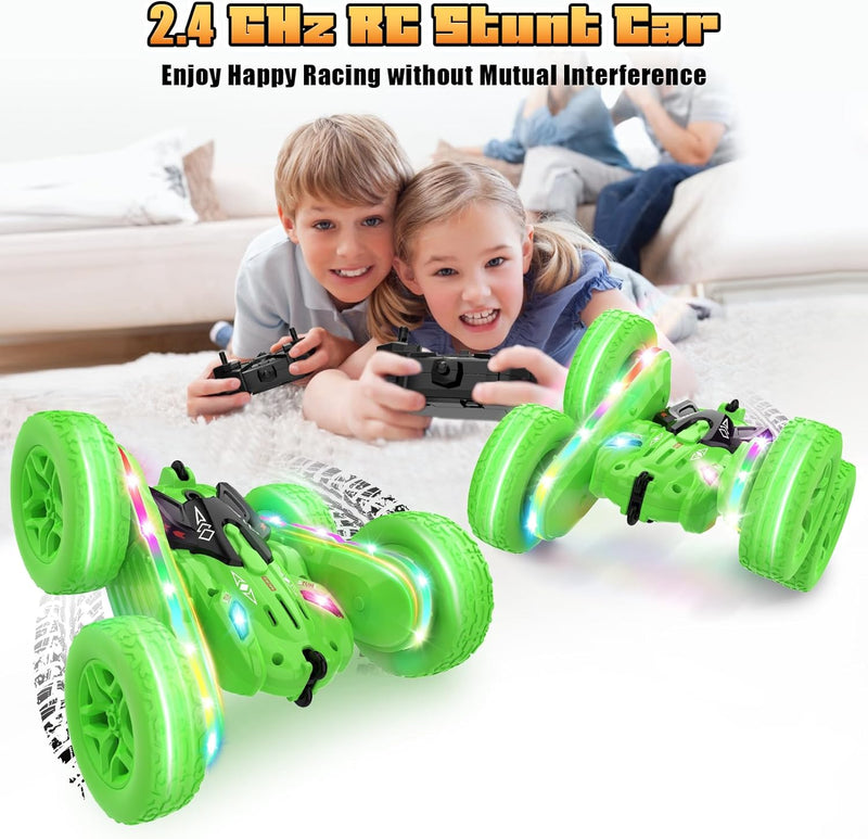 Remote Control Car,RC Cars with sides light strip and Headlights,Double Sided 360 Flips Rotating RC Stunt Car,2.4Ghz All Terrain Toys for Ages 4-6 Kids Toy for Boys Girls Birthday Gift(Green)