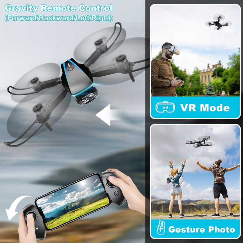 Mini Drone with Camera - 1080P HD Foldable Drone with Stable Hover, Gravity Control, Auto-Follow, Trajectory Flight, 90° Adjustable Lens, One Key Take Off, 2 Batteries, Drones for Adults Kids