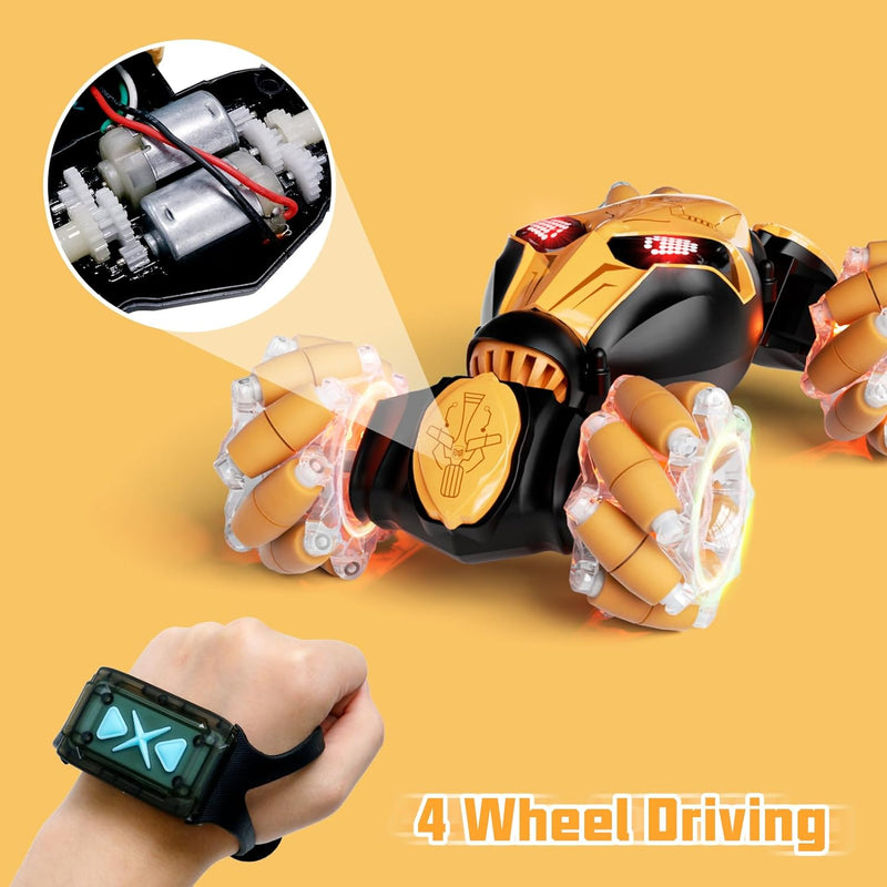 28°C Gesture Sensing RC Car Hand Controlled Remote Control LED Car Toys for Kids 6-12 Years Old, 2.4GHz 4WD Double Sided 360° Flips Off Road Vehicle Toys w/Lights&Music, Boys Grils Brithday Gift
