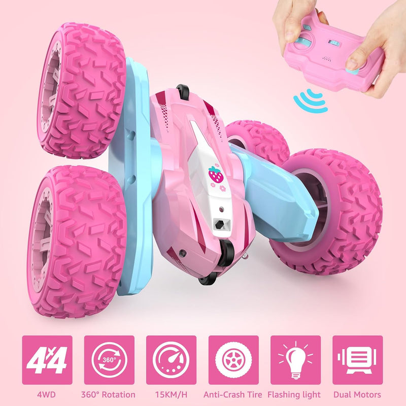 NUOKE Remote Control Car, Pink RC Cars for Girls, Rechargeable RC Truck, 2.4Ghz Double Sided 360° Rotating Stunt Car Toy with Headlights, Birthday Gift for Kids Age 3+