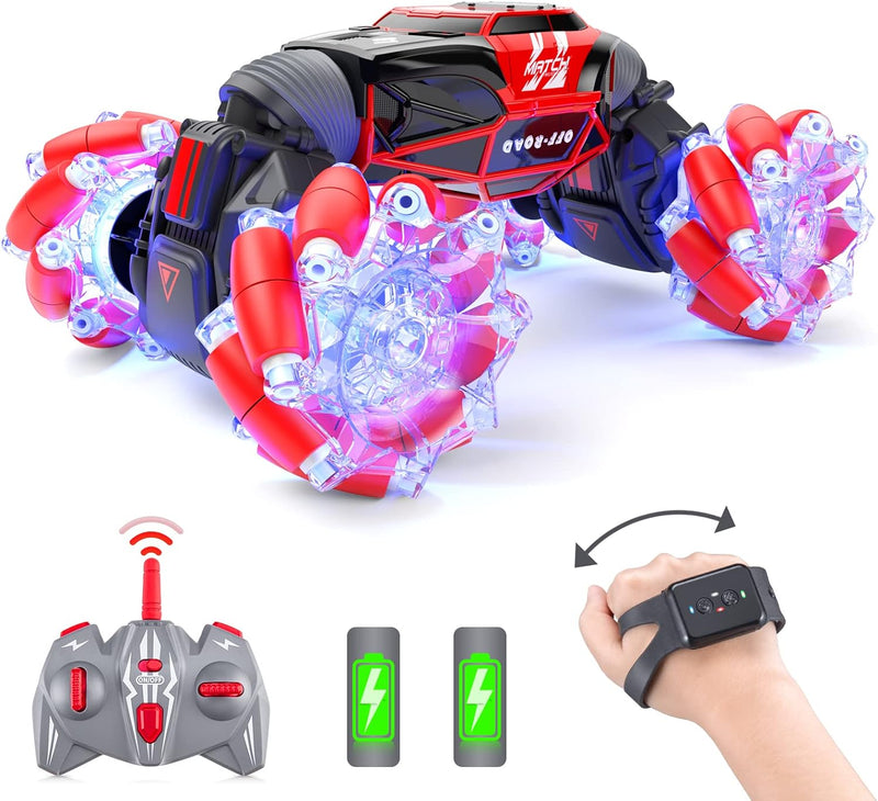 Powerextra LED Gesture Rc Car, 4WD 2.4GHz Remote Control Gesture Sensing Car, Double Sided 360° Rotating Transform Off Road Rc Stunt Car with Lights & Dance for 6-12 Year Old Boys & Girls