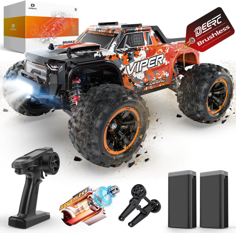 DEERC H16R Brushless Fast RC Cars,1:16 52KM/H High Speed Remote Control Car,4X4 All Terrains RC Monster Truck,Waterproof Off-Road Hobby Electric Vehicle Car Gift for Adults Boys,2 Li-ion Batteries