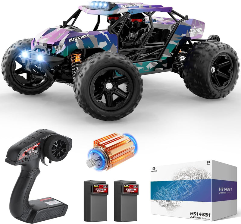 DEERC 1/14 Brushless Fast Extreme 70kph 4X4 Off-Road Truck, 7 Lighting Modes Remote Control with 2 Li-ion Batteries, Electric Large Truggy for Snow Sand