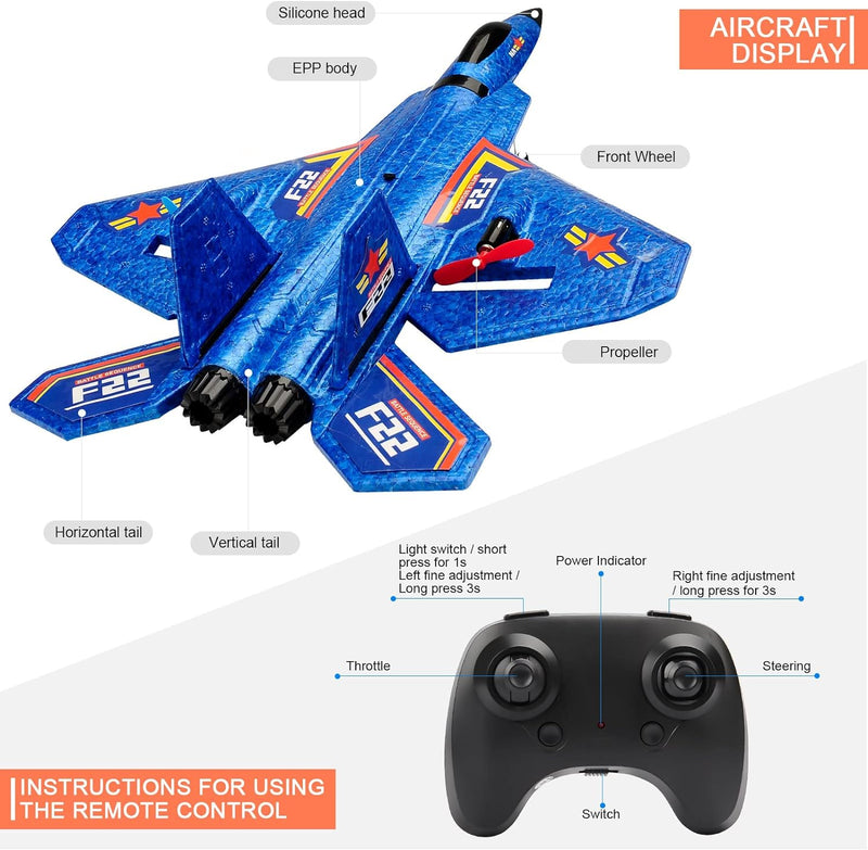 Remote Control Plane RTF F-22 Raptor, 2.4Ghz 6-axis Gyro RC Airplane with Light Strip, Jet Fighter Toy Gift for Kids Beginner (Blue)