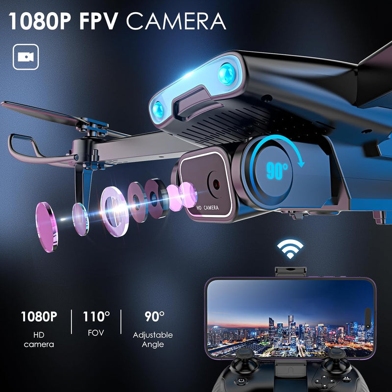 Drone with 1080P HD FPV Camera, RC Aircraft Quadcopter with Headless,3D Flips, One Key Start, Voice/Gravity Control, Speed Adjustment, 2 Batteries, Foldable Drone for Kids, Beginners