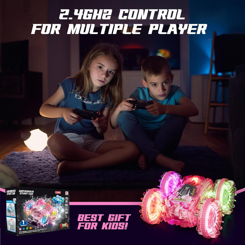 Amphibious Remote Control Car for Water or Land Play, RC Car for Kids Girls with LED Lights 4WD Stunt Car Pink Pool Toys with 70/36Minutes Play 2Batteries,360°Rotation,180°Flip,2.4GHz Remote