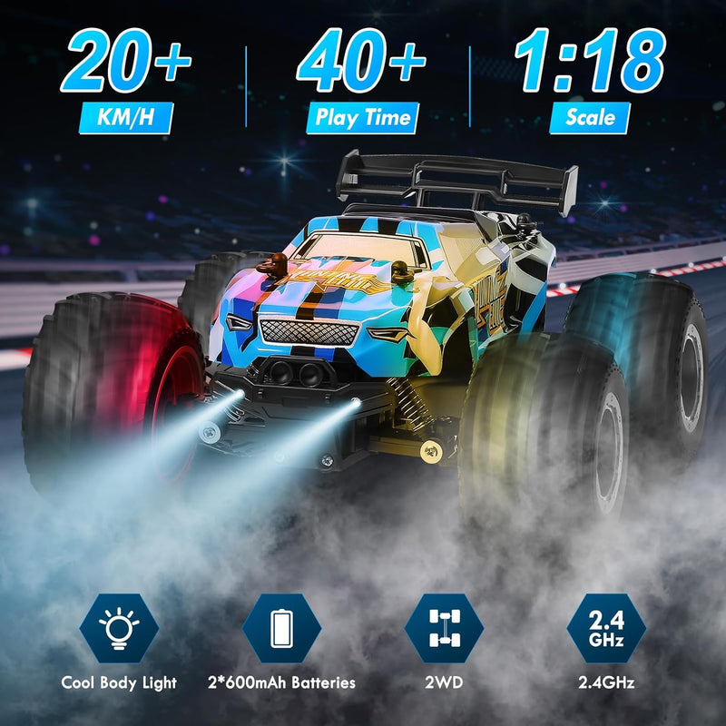 Remote Control Car, Remote Control Truck, 2.4Ghz All Terrain Off-Road Monster Truck, 20 KM/H Rc Cars with LED Bodylight and 2 Rechargeable Batteries Toys for Boys Age 4-7 8-12