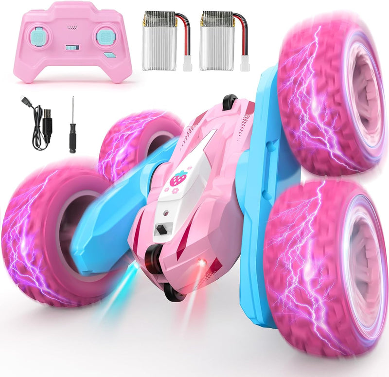 NUOKE Remote Control Car, Pink RC Cars for Girls, Rechargeable RC Truck, 2.4Ghz Double Sided 360° Rotating Stunt Car Toy with Headlights, Birthday Gift for Kids Age 3+